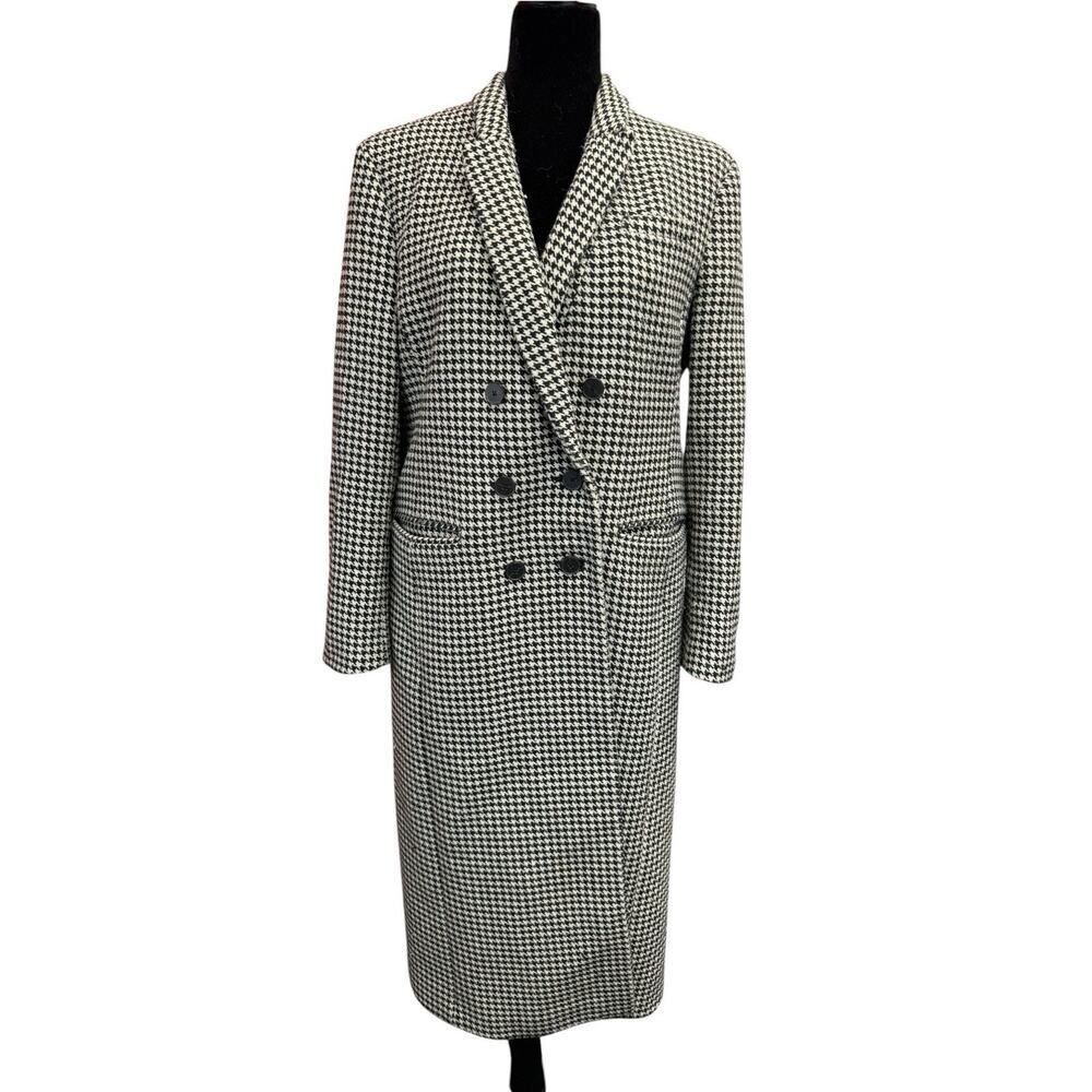 Banana Republic Wool Blend Houndstooth Long Coat Large Petite Black White
